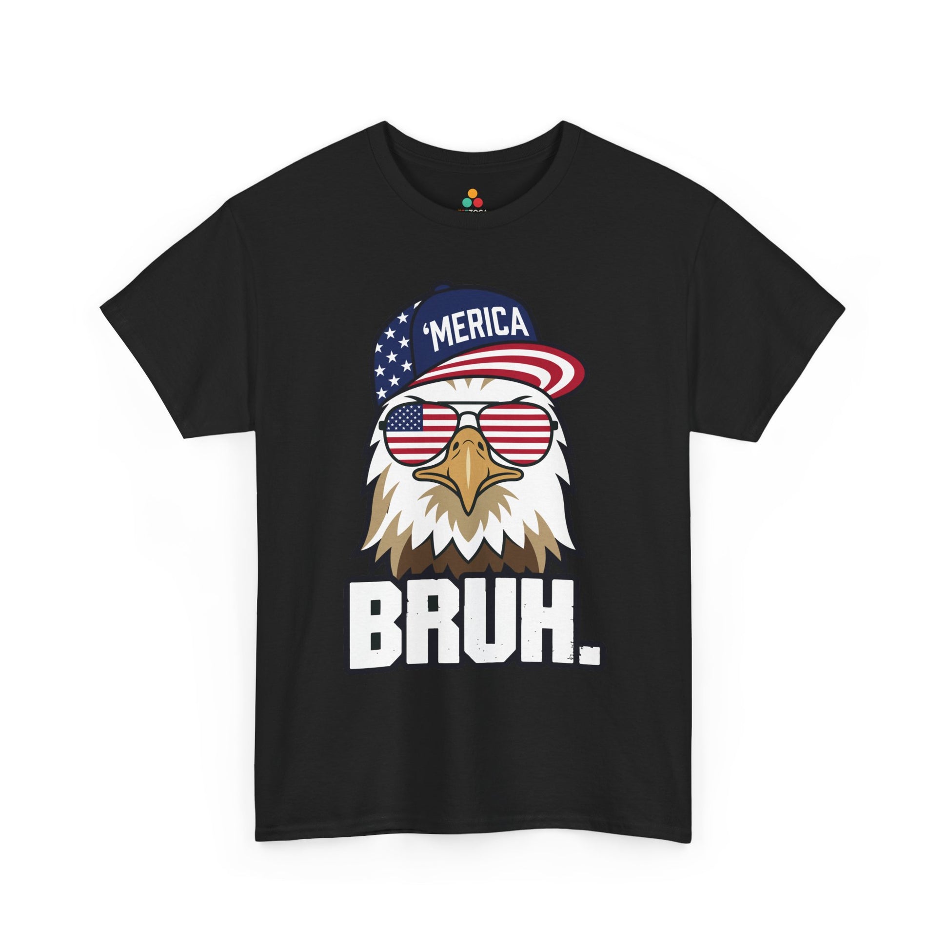 TEEZOCA bruh shirt solid black T-shirt showing a flat illustrated bald eagle with American flag sunglasses and sarcastic patriotic style.