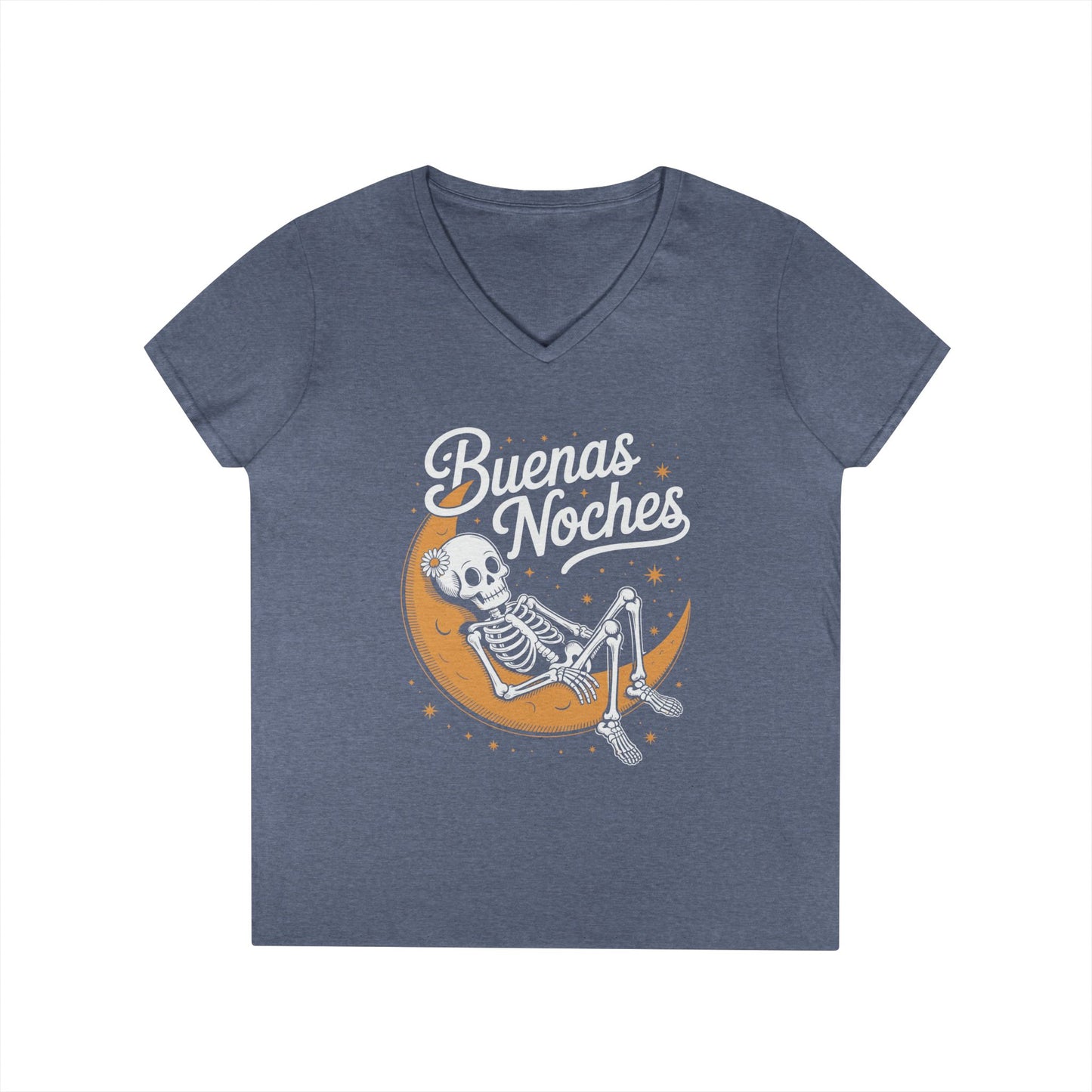 Buenas Noches Skeleton Moon Night Art Aesthetic V-Neck T-Shirt | TEEZOCA 