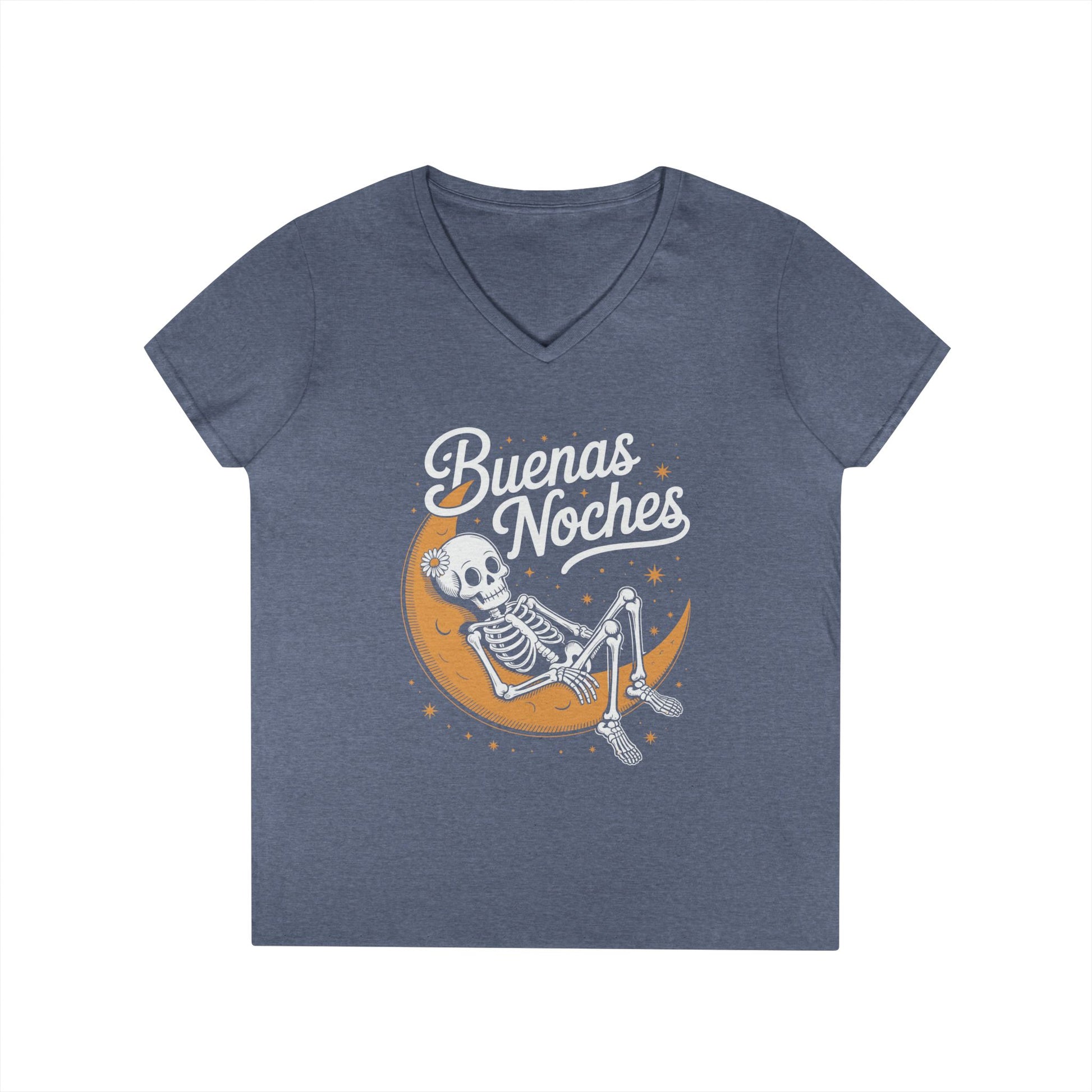 Buenas Noches Skeleton Moon Night Art Aesthetic V-Neck T-Shirt | TEEZOCA 