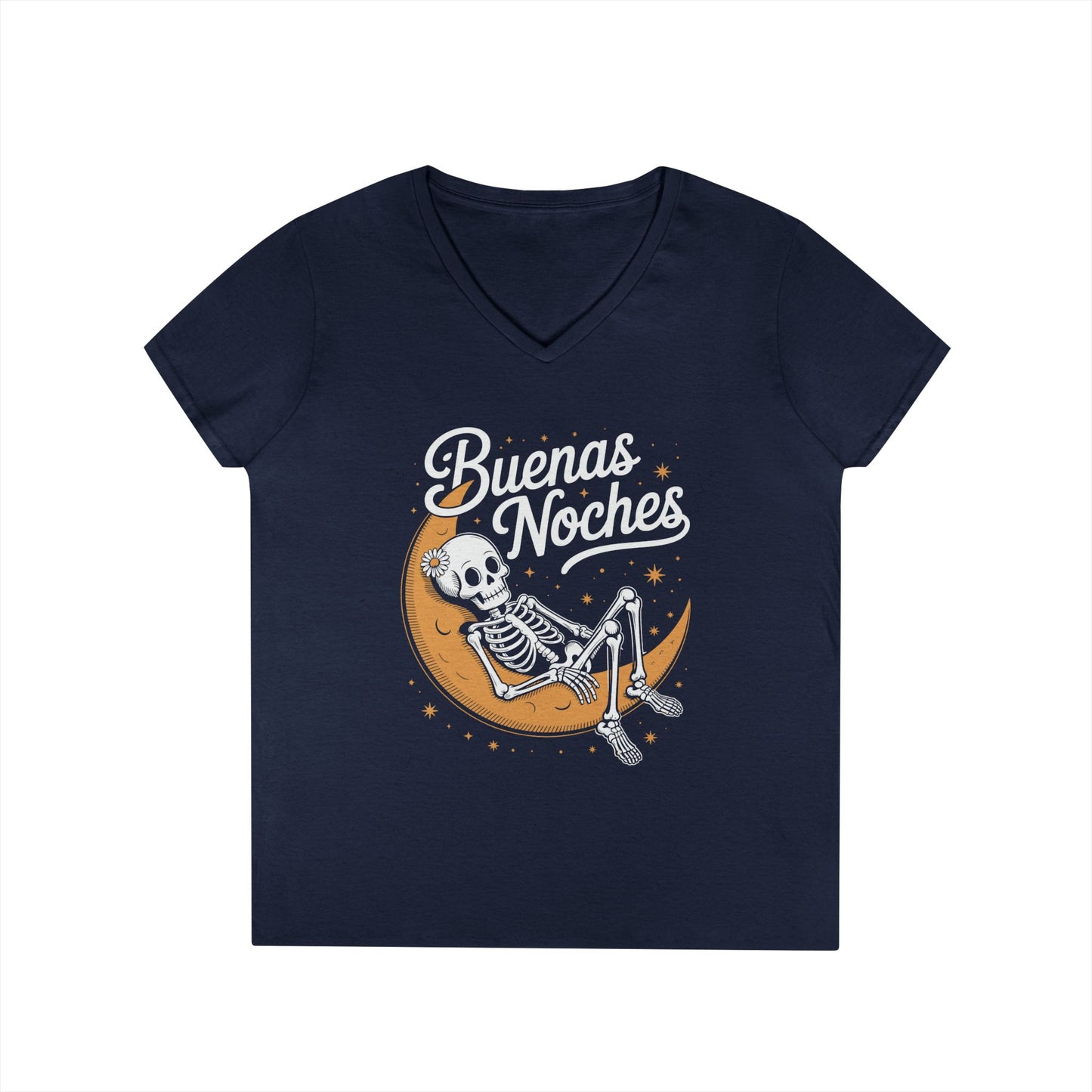 Buenas Noches Skeleton Moon Night Art Aesthetic V-Neck T-Shirt | TEEZOCA 