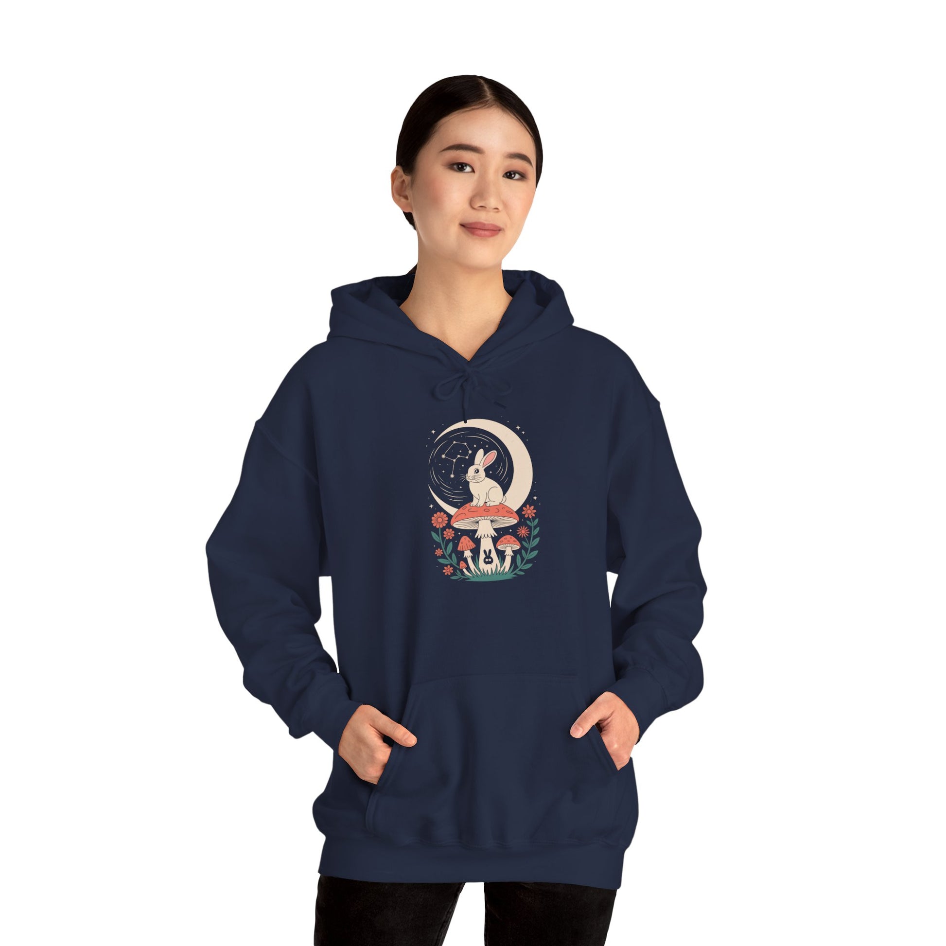 TEEZOCA bunny and moon artwork Unisex Heavy Blend Hoodie dreamy aesthetic