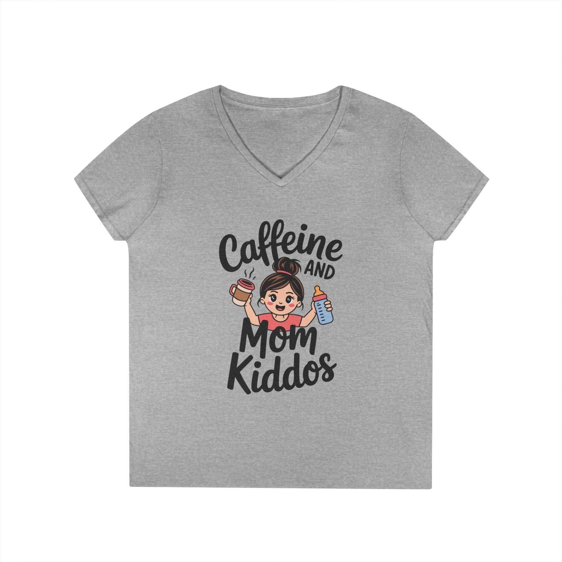Caffeine and Mom Kiddos Life V-Neck T-Shirt for Busy Moms | TEEZOCA 