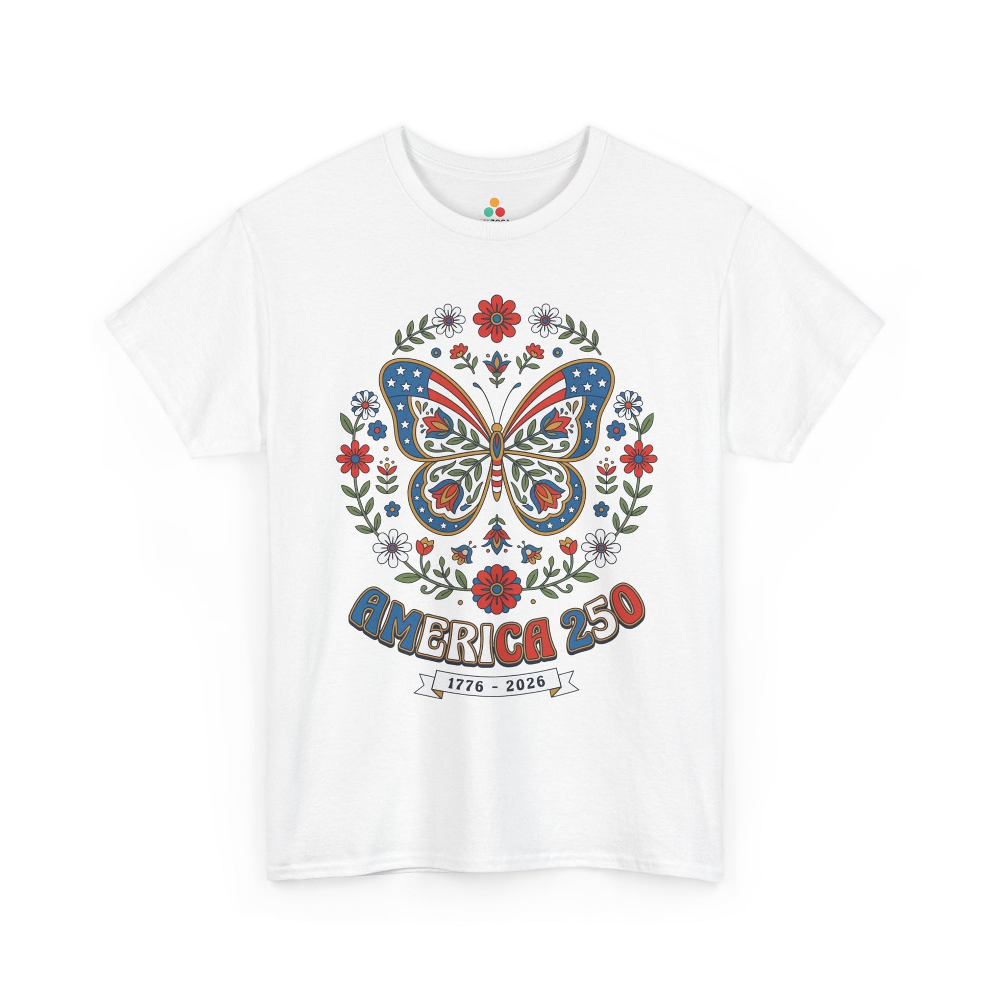 TEEZOCA butterfly graphic tee women t-shirt featuring gold outlined patriotic butterfly wings, tulip scrollwork, and floral America 250 art.
