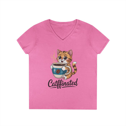 Caffeinated Cute Cat Coffee Lover V-Neck T-Shirt for Women | TEEZOCA 