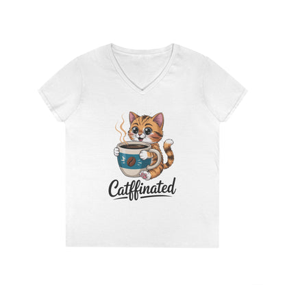 Caffeinated Cute Cat Coffee Lover V-Neck T-Shirt for Women | TEEZOCA 