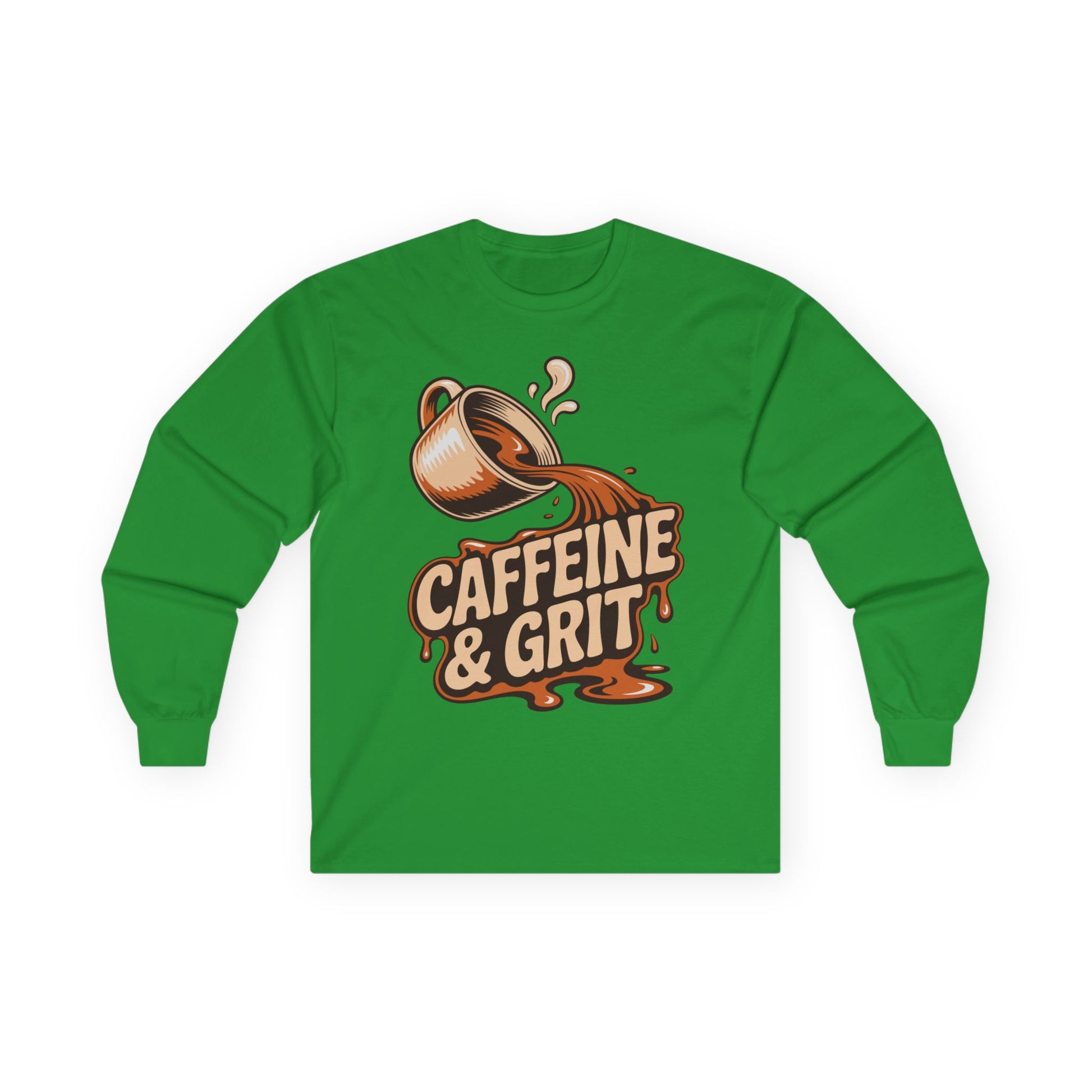 TEEZOCA caffeine and grit unisex long-sleeve t-shirt Green long-sleeve shirt with 'Caffeine & Grit' graphic on a white background