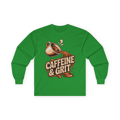 TEEZOCA caffeine and grit unisex long-sleeve t-shirt Green long-sleeve shirt with 'Caffeine & Grit' graphic on a white background