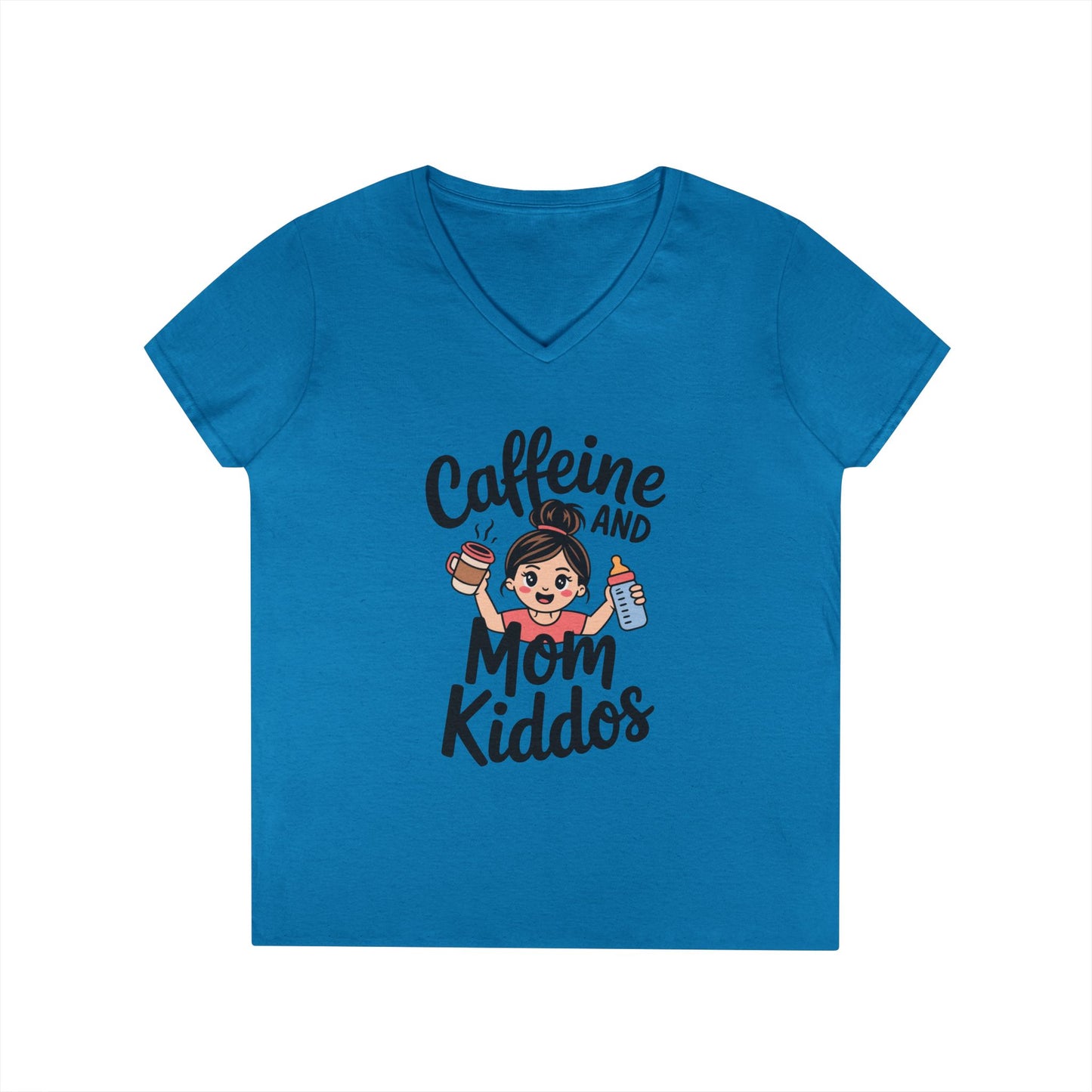 Caffeine and Mom Kiddos Life V-Neck T-Shirt for Busy Moms | TEEZOCA 