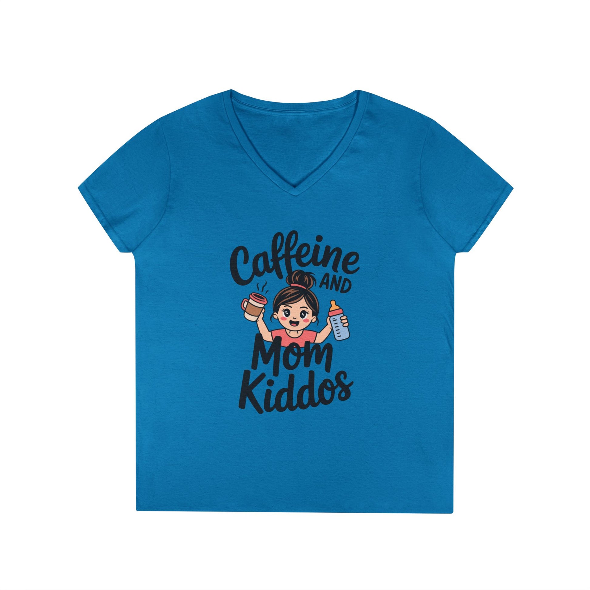 Caffeine and Mom Kiddos Life V-Neck T-Shirt for Busy Moms | TEEZOCA 