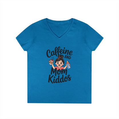 Caffeine and Mom Kiddos Life V-Neck T-Shirt for Busy Moms | TEEZOCA 