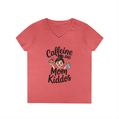 Caffeine and Mom Kiddos Life V-Neck T-Shirt for Busy Moms | TEEZOCA 