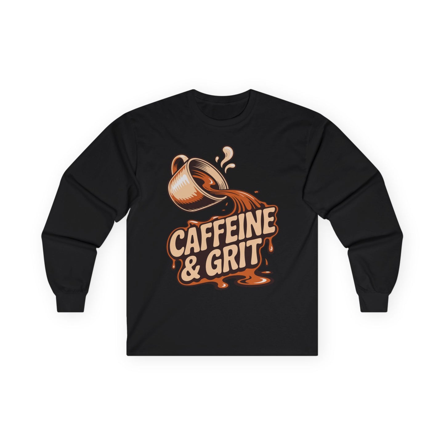TEEZOCA caffeine humor long-sleeve t-shirt design Black long-sleeve shirt with a coffee cup and 'Caffeine & Grit' text design on a white background