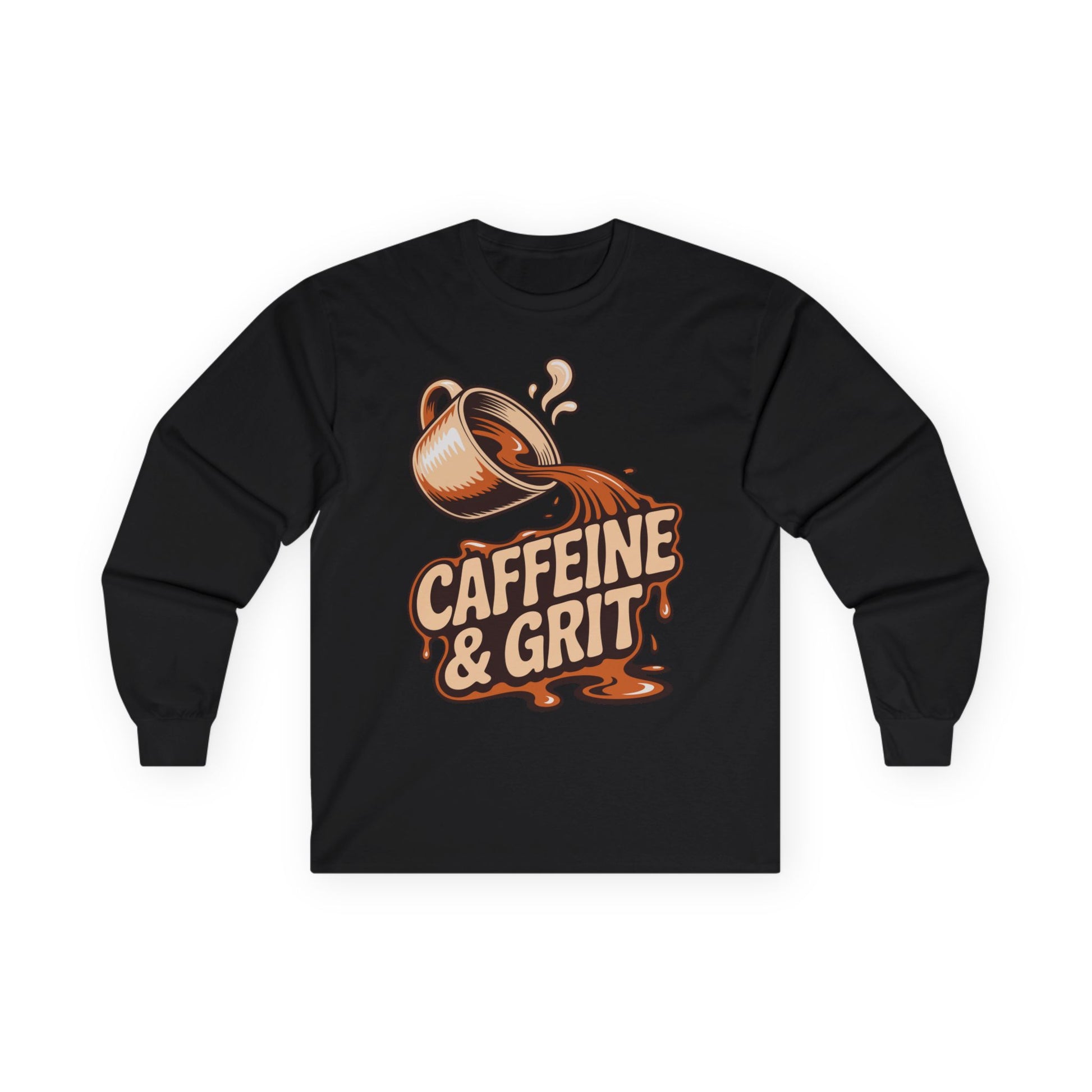 TEEZOCA caffeine humor long-sleeve t-shirt design Black long-sleeve shirt with a coffee cup and 'Caffeine & Grit' text design on a white background