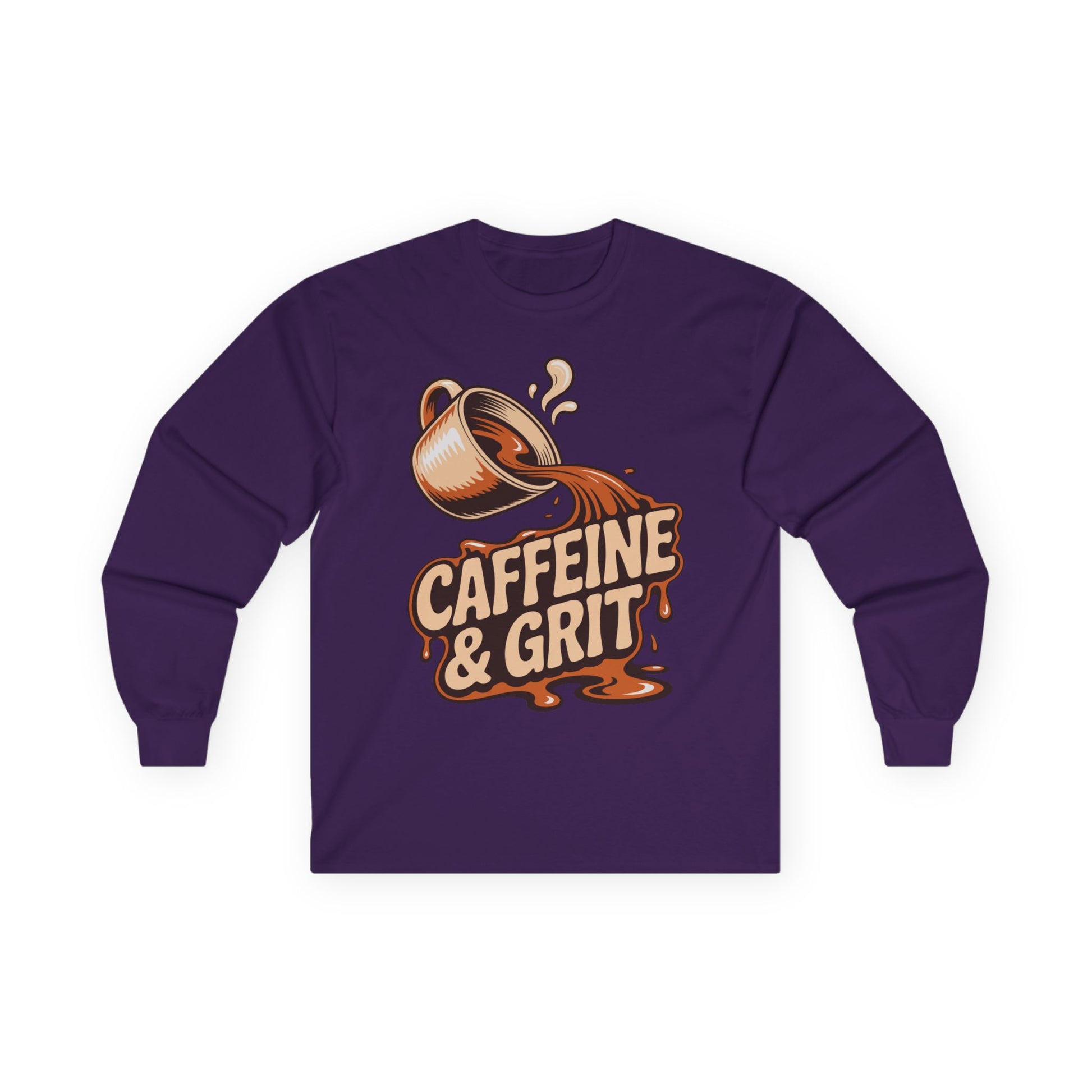 TEEZOCA caffeine humor long-sleeve t-shirt design Purple long-sleeve shirt with a coffee cup and 'Caffeine & Grit' text design on a white background