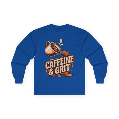 TEEZOCA caffeine motivation unisex long-sleeve shirt Blue long-sleeve shirt with a coffee cup and 'Caffeine & Grit' text design on a white background