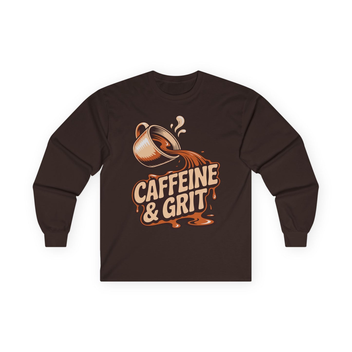 TEEZOCA caffeine motivation unisex long-sleeve shirt Brown long-sleeve shirt with a coffee cup graphic and 'Caffeine & Grit' text on a white background