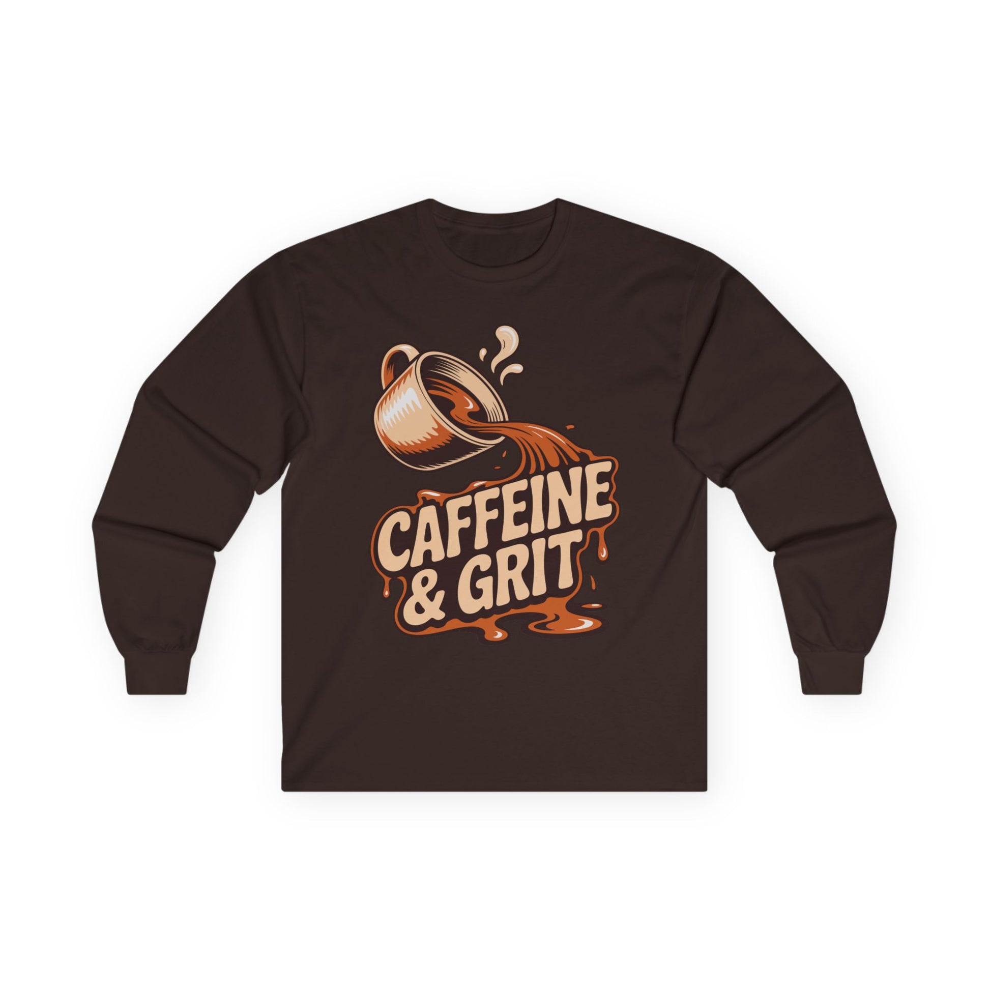 TEEZOCA caffeine motivation unisex long-sleeve shirt Brown long-sleeve shirt with a coffee cup graphic and 'Caffeine & Grit' text on a white background