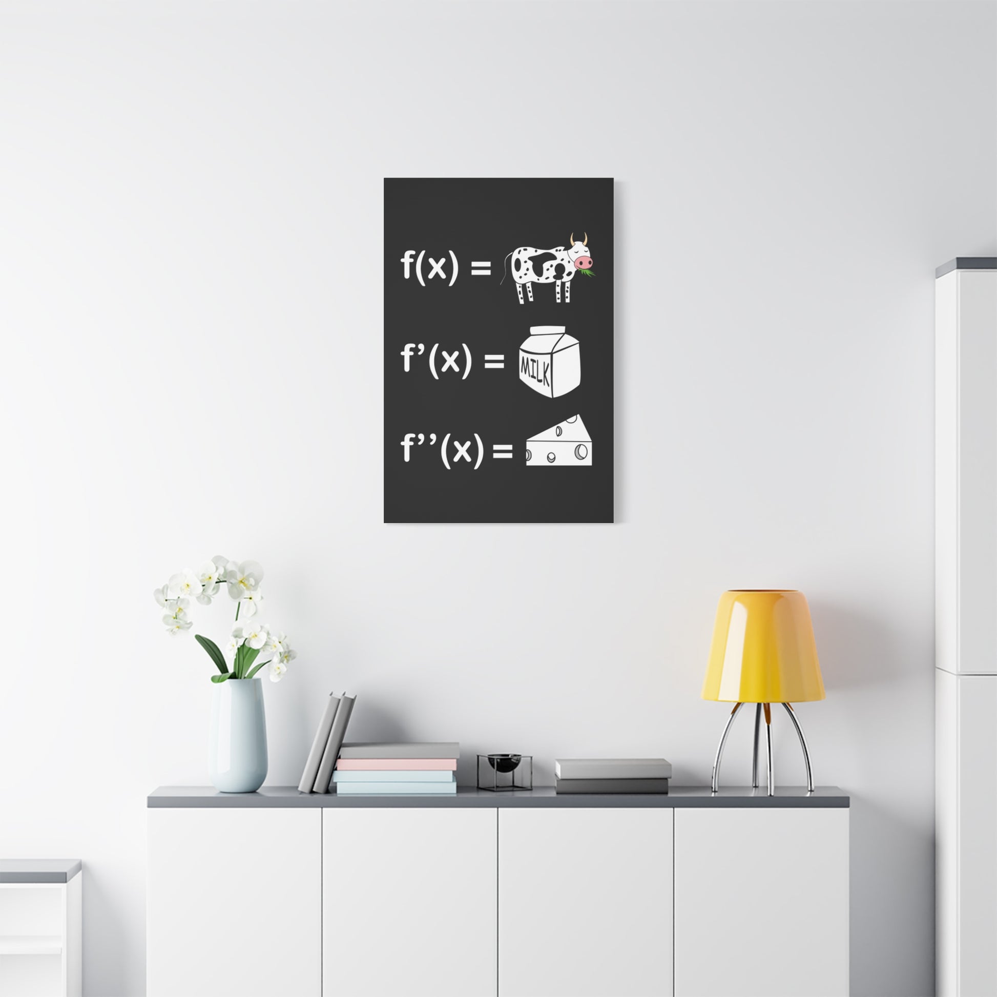 TEEZOCA calculus cow milk cheese canvas hanging above a couch with yellow lamp.