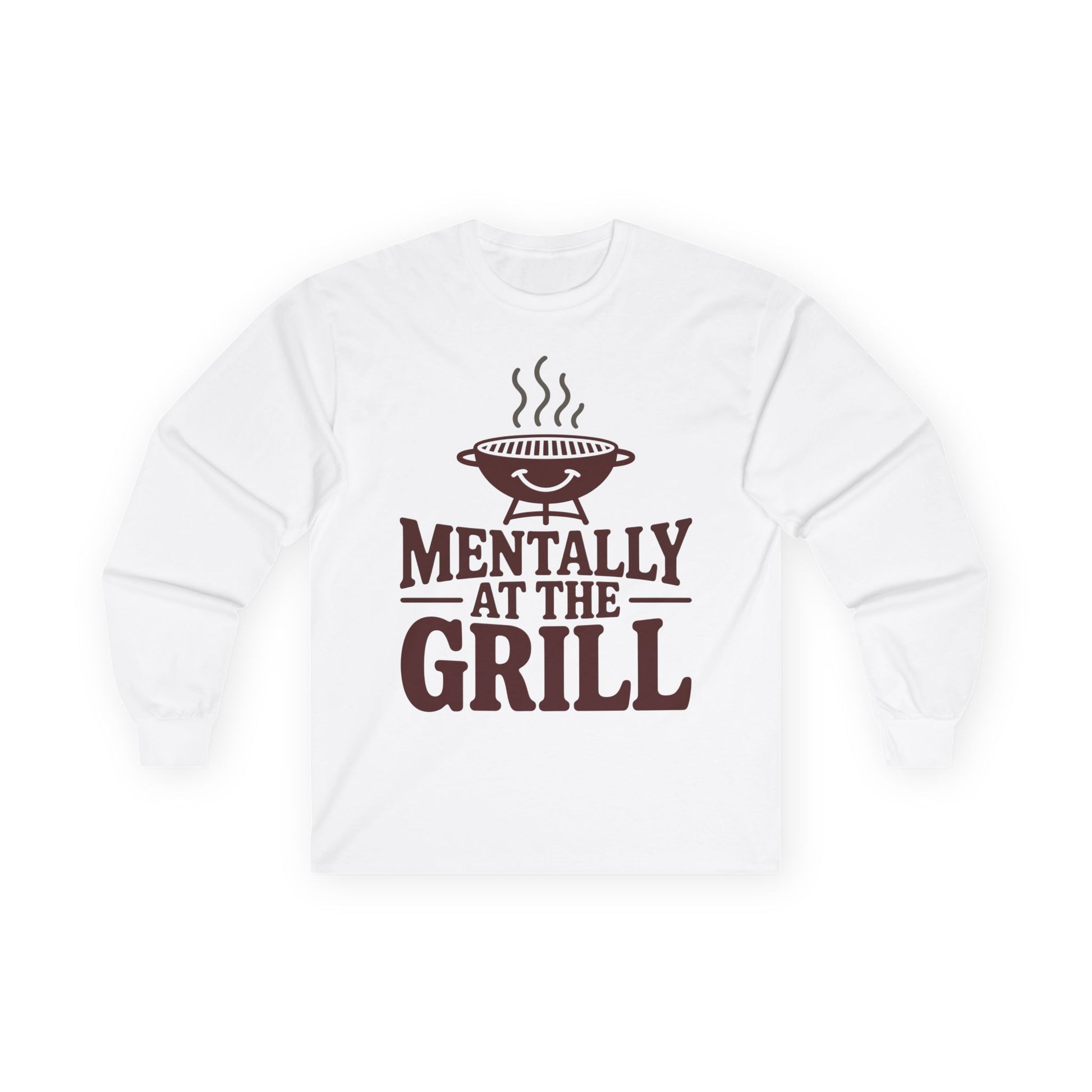 TEEZOCA casual food lover unisex long-sleeve tee White sweatshirt with 'Mentally at the Grill' text and graphic on a white background