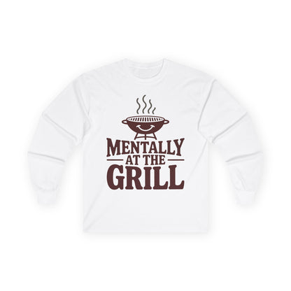 TEEZOCA casual food lover unisex long-sleeve tee White sweatshirt with 'Mentally at the Grill' text and graphic on a white background