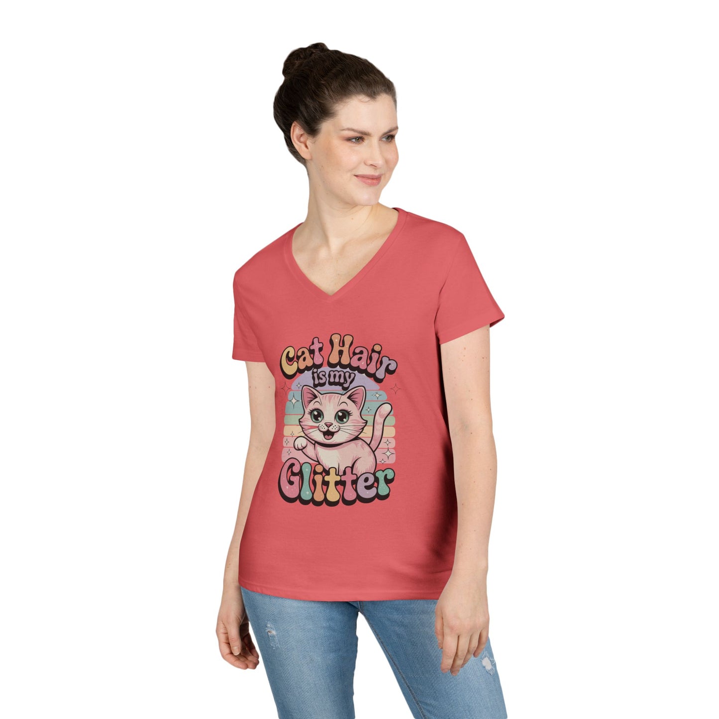 Cat Hair Is My Glitter V-Neck T-Shirt Cute Cat Lover Statement Tee | TEEZOCA 