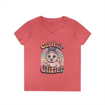 Cat Hair Is My Glitter V-Neck T-Shirt Cute Cat Lover Statement Tee | TEEZOCA 