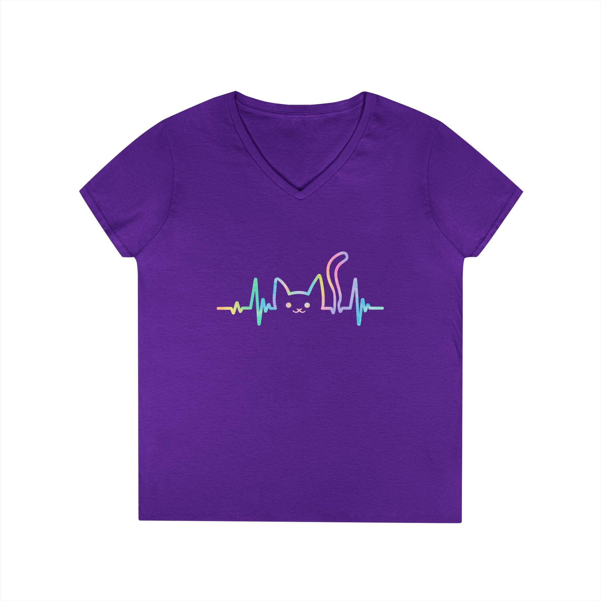 Cute Cat Heartbeat V-Neck T-Shirt Aesthetic Pet Lover Style Tee | TEEZOCA 