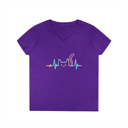 Cute Cat Heartbeat V-Neck T-Shirt Aesthetic Pet Lover Style Tee | TEEZOCA 