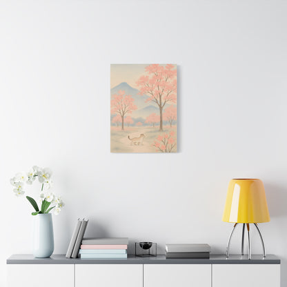 TEEZOCA cat walking under cherry trees wall art styled in a bright minimalist living room.