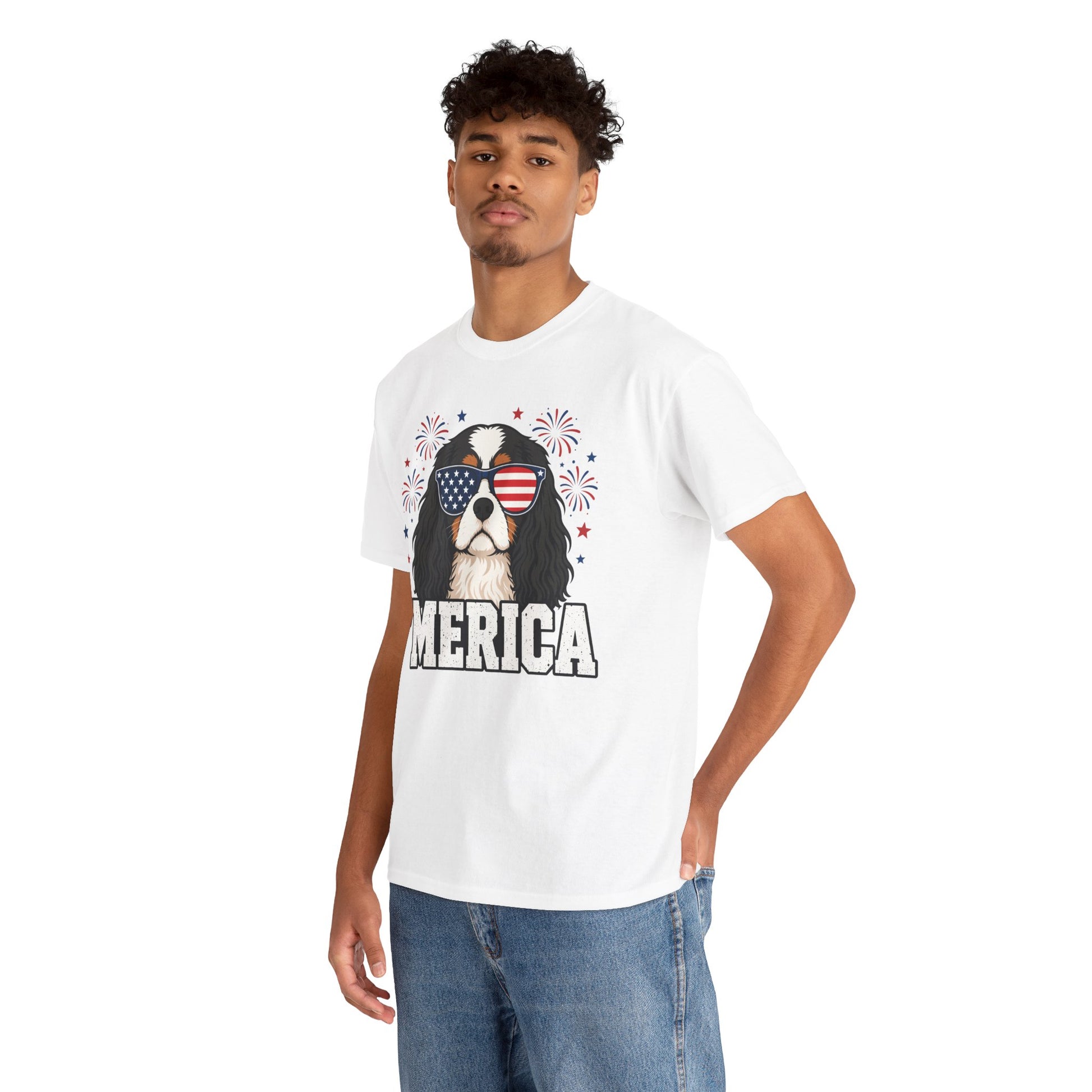 TEEZOCA cavalier king charles gift T-shirt with black and tan Cavalier, American flag sunglasses, fireworks, stars, and Merica text.

