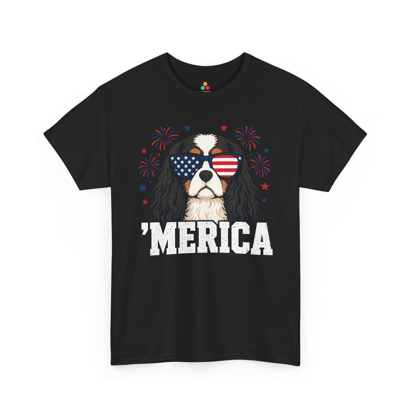 TEEZOCA cavalier king charles gift t-shirt featuring a patriotic Cavalier Spaniel portrait with sunglasses and red blue fireworks.
