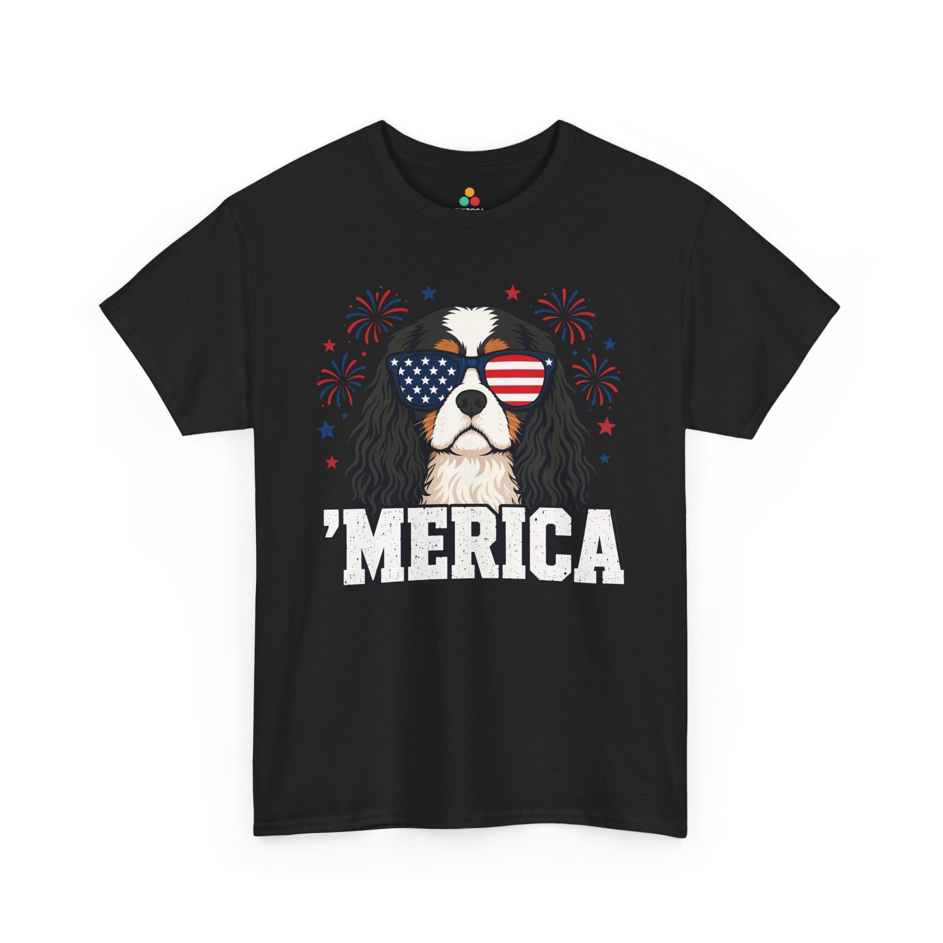 TEEZOCA cavalier king charles gift t-shirt featuring a patriotic Cavalier Spaniel portrait with sunglasses and red blue fireworks.
