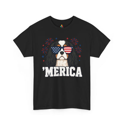 TEEZOCA cavalier king charles gift t-shirt featuring a patriotic Cavalier Spaniel portrait with sunglasses and red blue fireworks.
