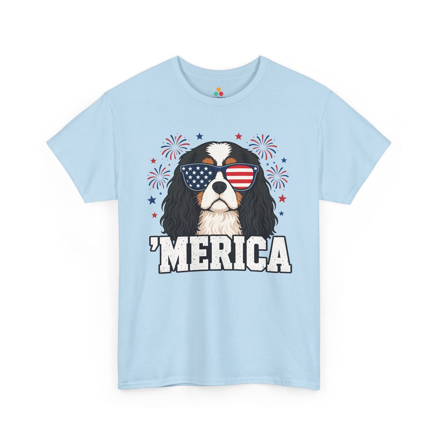 TEEZOCA cavalier king charles spaniel gifts t-shirt design with dog sunglasses shirt artwork, fireworks, stars, and breed-specific detail.
