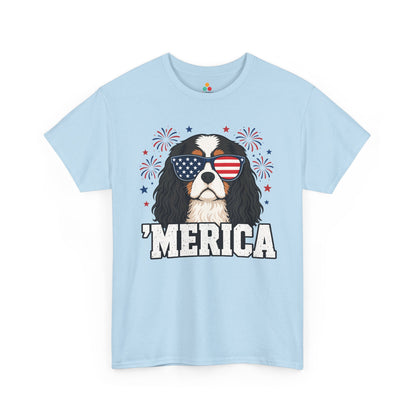 TEEZOCA cavalier king charles spaniel gifts t-shirt design with dog sunglasses shirt artwork, fireworks, stars, and breed-specific detail.
