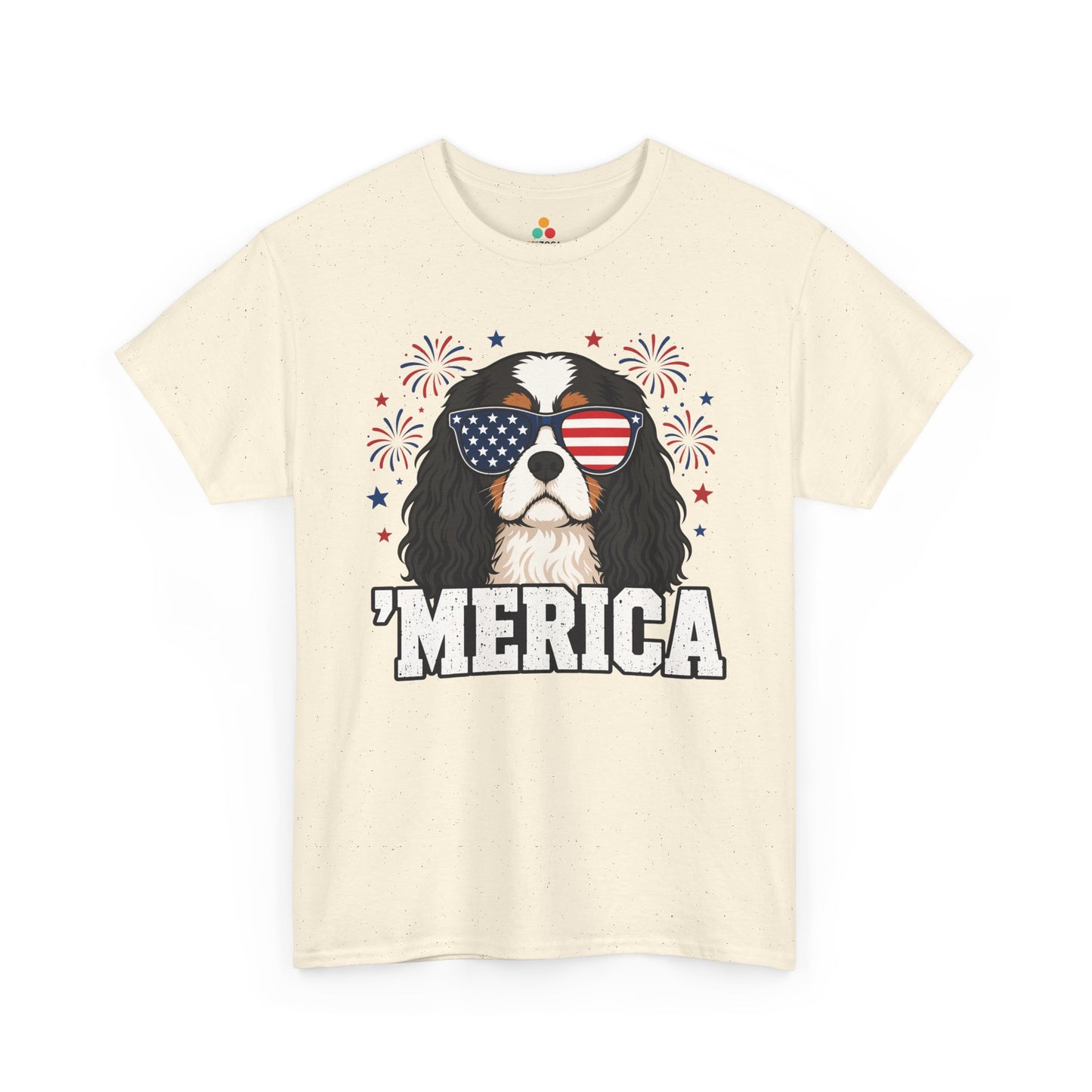 TEEZOCA cavalier mom shirt t-shirt with black and tan Cavalier King Charles, Merica slogan, and festive July 4 graphics.
