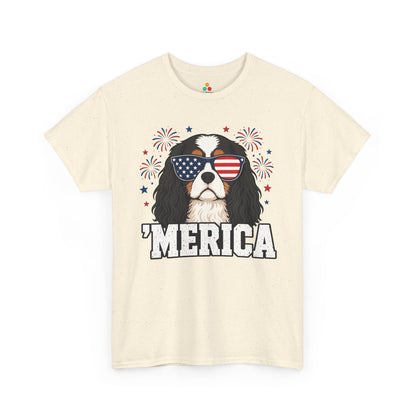 TEEZOCA cavalier mom shirt t-shirt with black and tan Cavalier King Charles, Merica slogan, and festive July 4 graphics.
