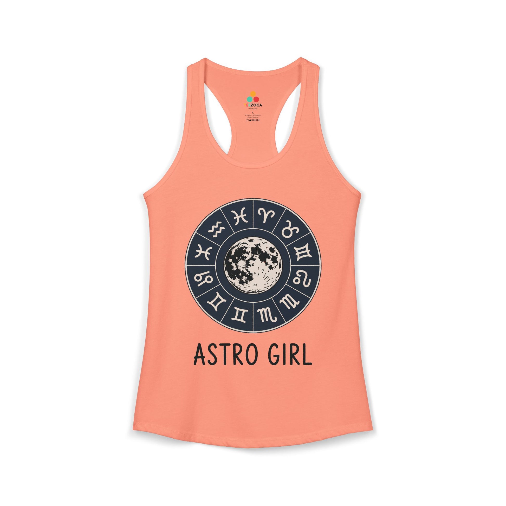 TEEZOCA celestial astro girl women’s tank top with zodiac circle illustration Peach-colored tank top with zodiac design and 'ASTRO GIRL' text on a white background