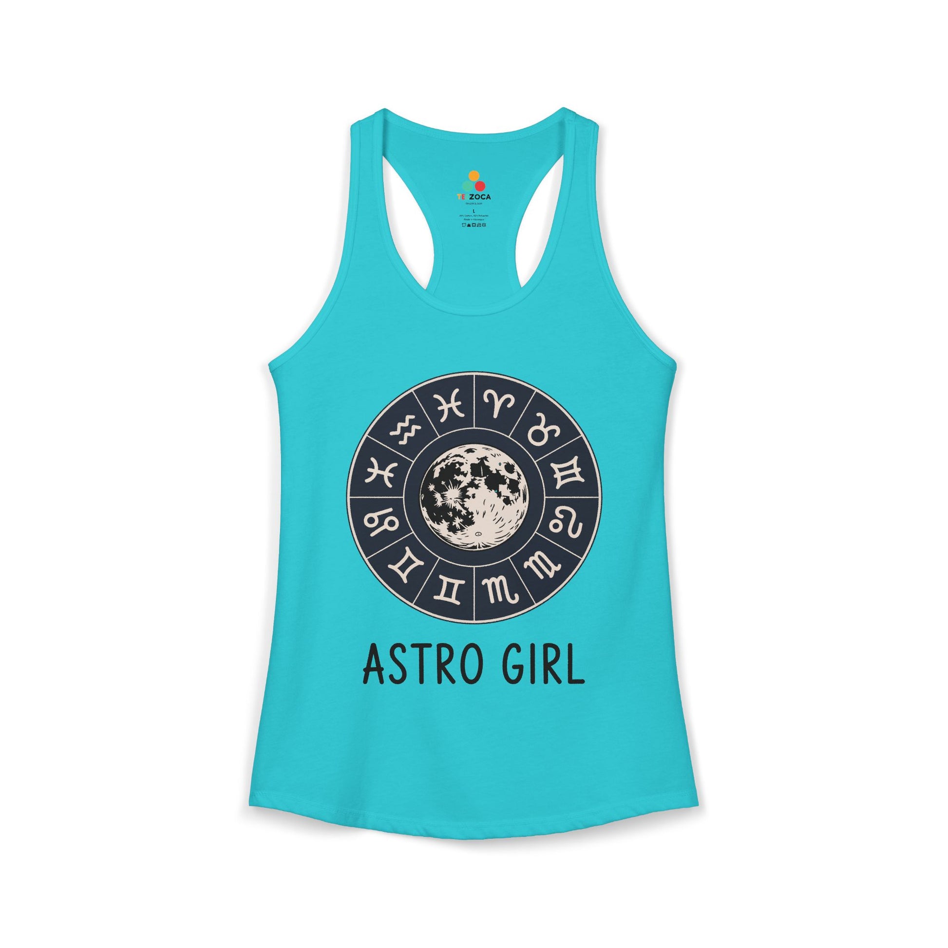TEEZOCA celestial astro girl women’s tank top with zodiac circle illustration Turquoise tank top with astrological design and 'ASTRO GIRL' text on a white background