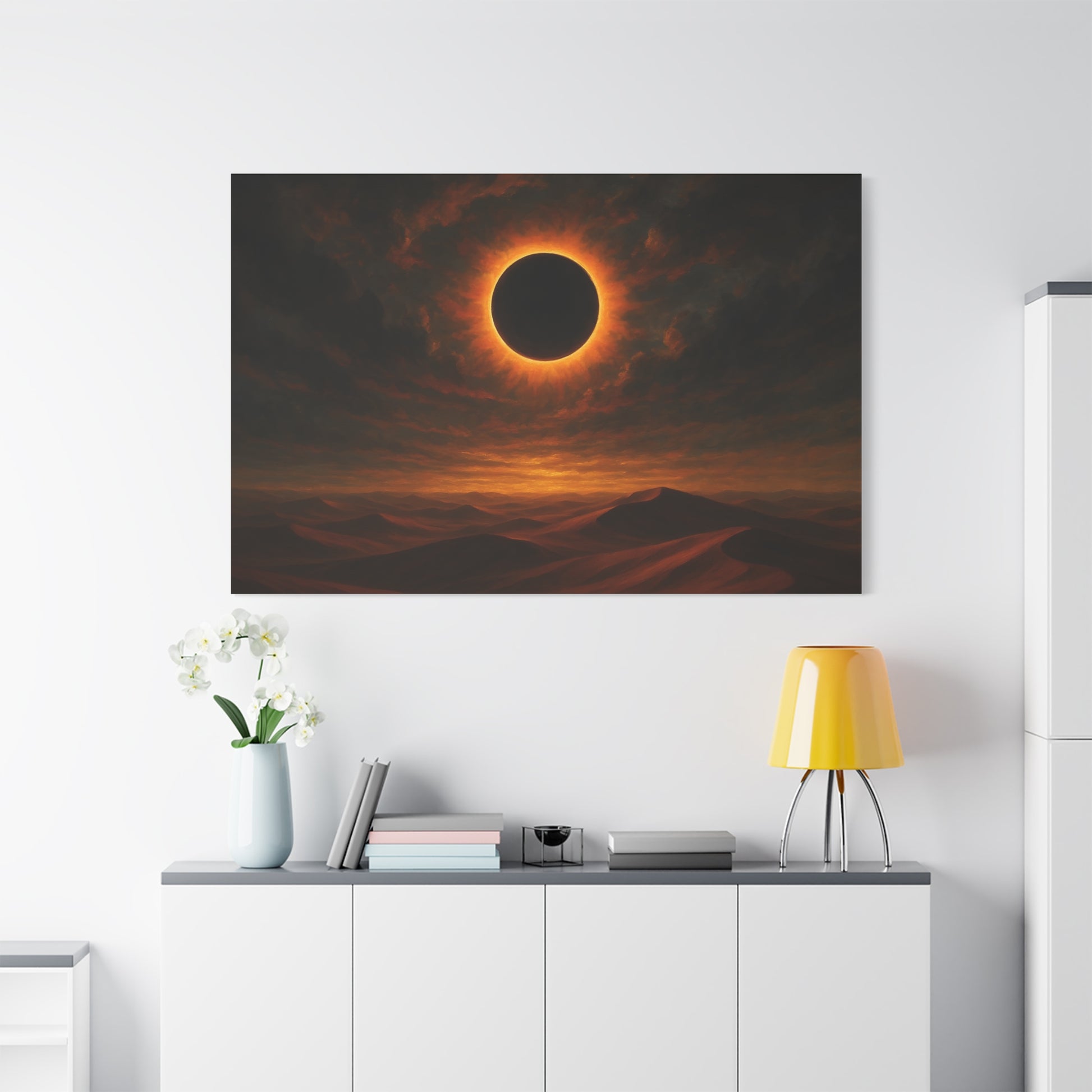 TEEZOCA celestial desert eclipse wall art in a minimalist living room setting.