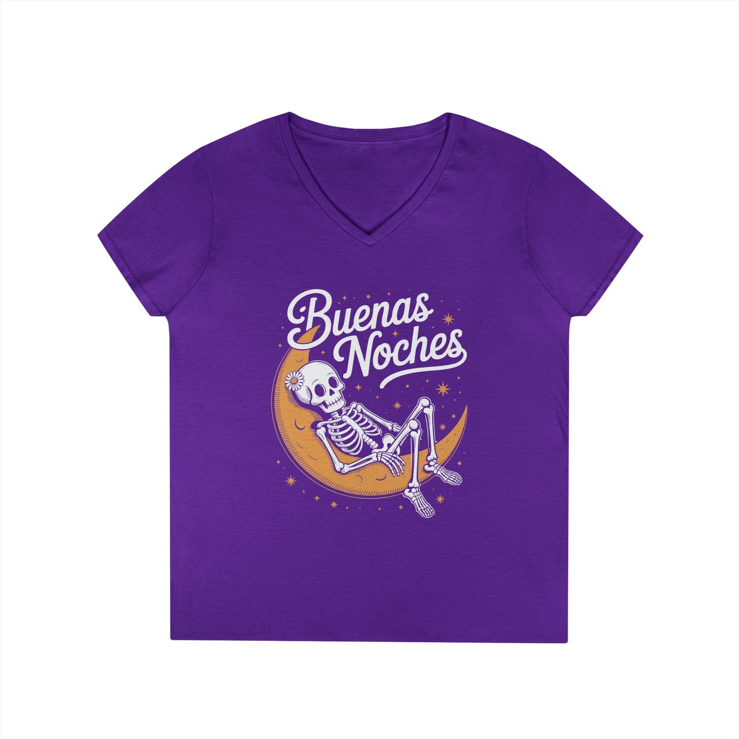 Buenas Noches Skeleton Moon Night Art Aesthetic V-Neck T-Shirt | TEEZOCA 