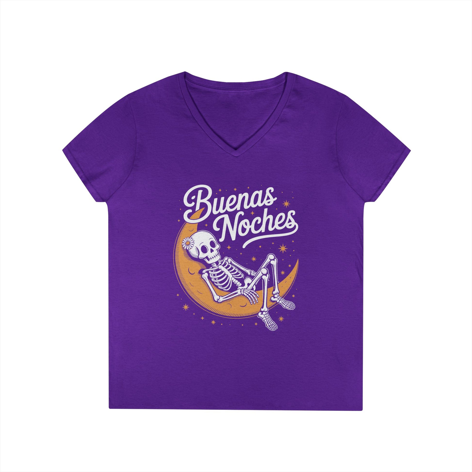 Buenas Noches Skeleton Moon Night Art Aesthetic V-Neck T-Shirt | TEEZOCA 