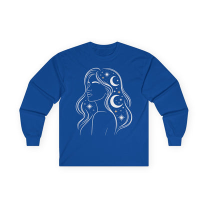 TEEZOCA celestial woman astrology-inspired art printed on unisex long-sleeve t-shirt Blue long-sleeve shirt with a white silhouette of a woman with celestial design on a white background