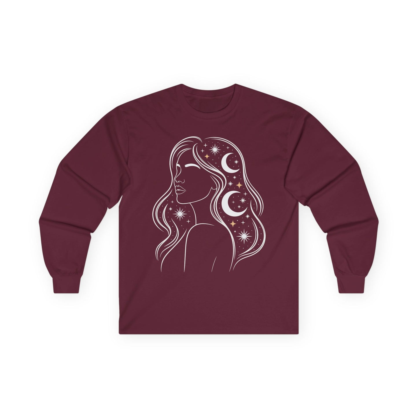 TEEZOCA celestial woman moon and stars artwork on unisex long-sleeve t-shirt Maroon long-sleeve shirt with a celestial design of a woman's silhouette on a white background