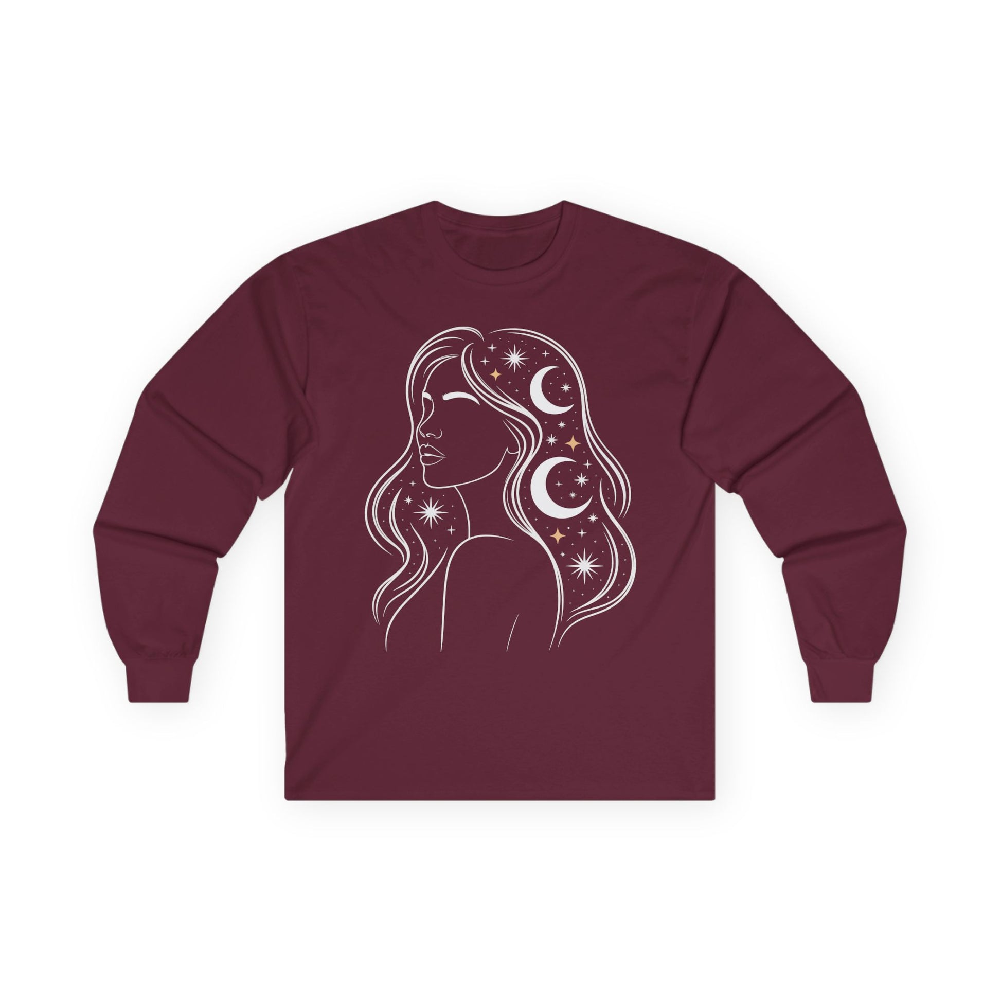 TEEZOCA celestial woman moon and stars artwork on unisex long-sleeve t-shirt Maroon long-sleeve shirt with a celestial design of a woman's silhouette on a white background