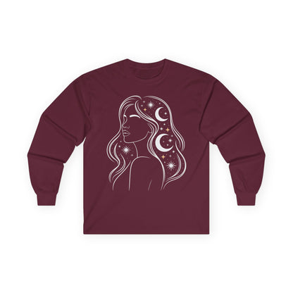 TEEZOCA celestial woman moon and stars artwork on unisex long-sleeve t-shirt Maroon long-sleeve shirt with a celestial design of a woman's silhouette on a white background