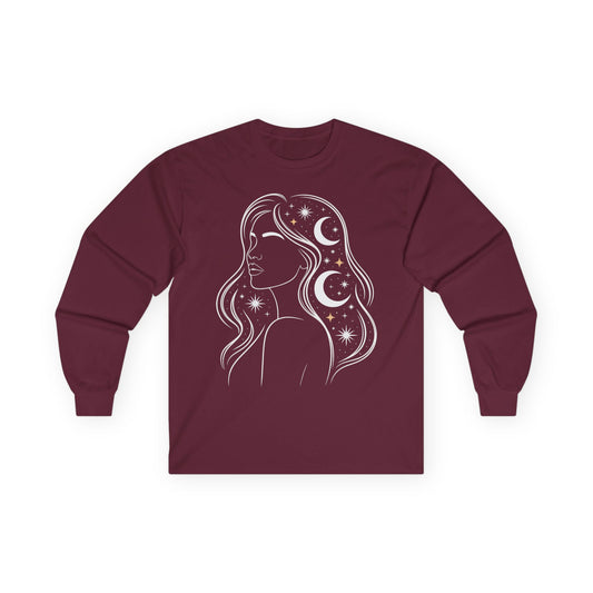 TEEZOCA celestial woman moon and stars artwork on unisex long-sleeve t-shirt Maroon long-sleeve shirt with a celestial design of a woman's silhouette on a white background