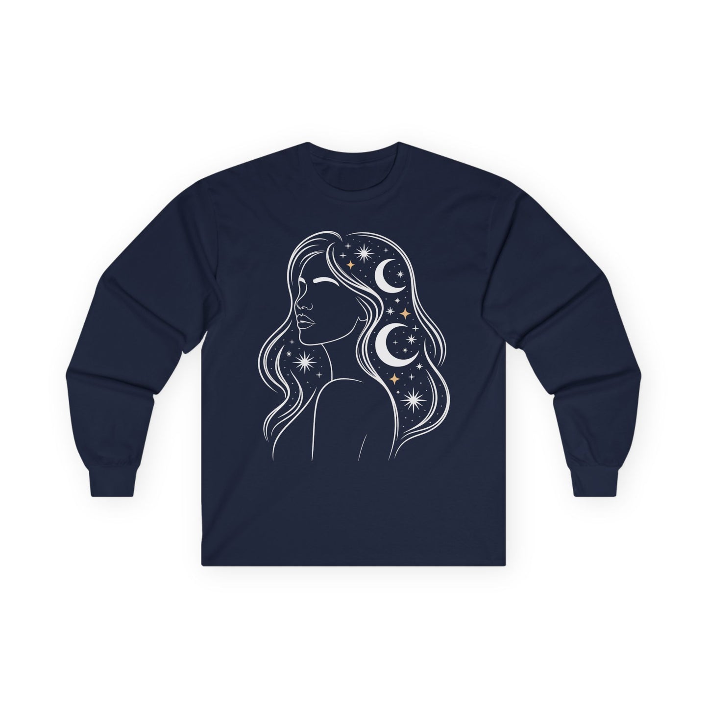 TEEZOCA celestial woman moon and stars artwork on unisex long-sleeve t-shirt Navy blue long-sleeve shirt with a celestial design of a woman's silhouette on a white background