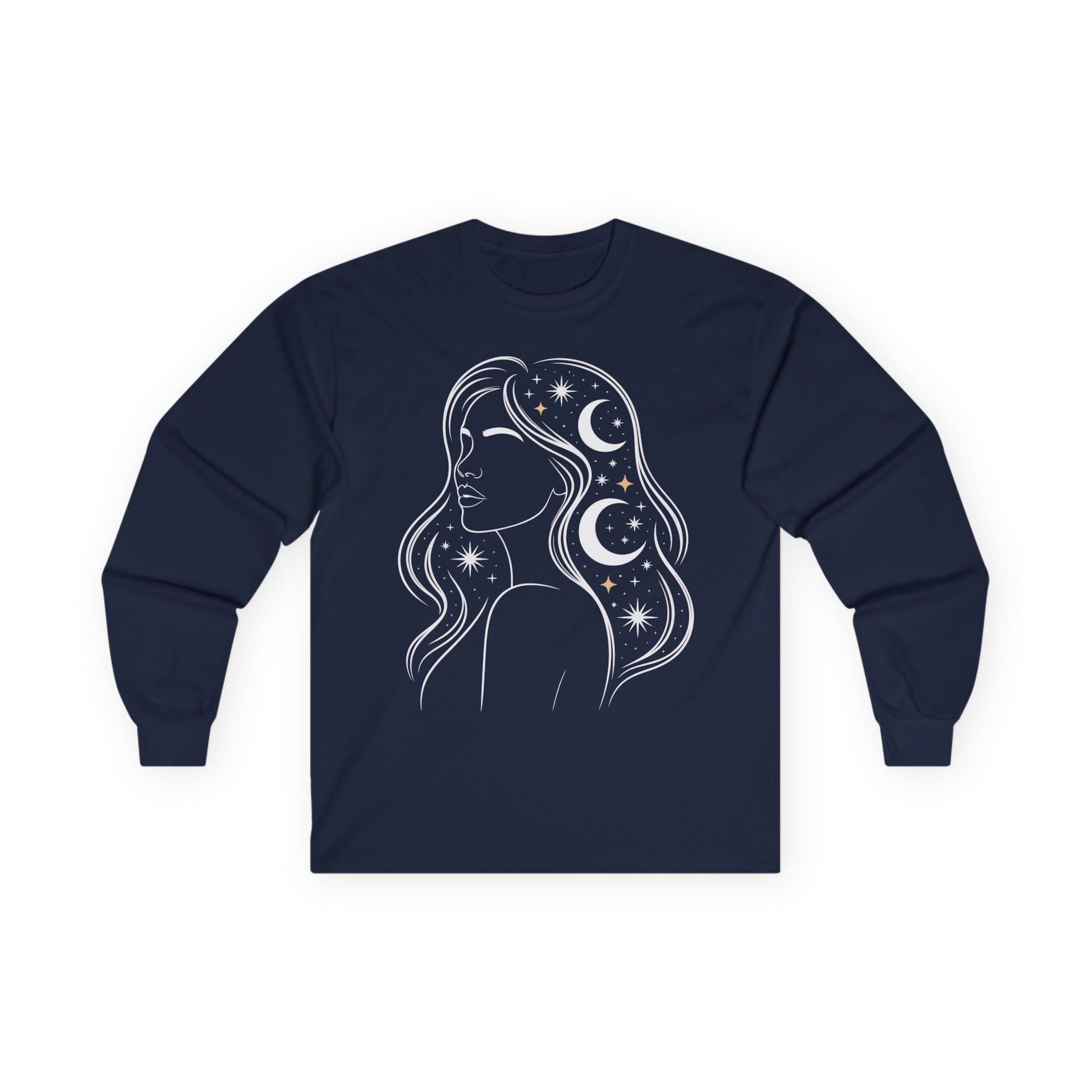 TEEZOCA celestial woman moon and stars artwork on unisex long-sleeve t-shirt Navy blue long-sleeve shirt with a celestial design of a woman's silhouette on a white background