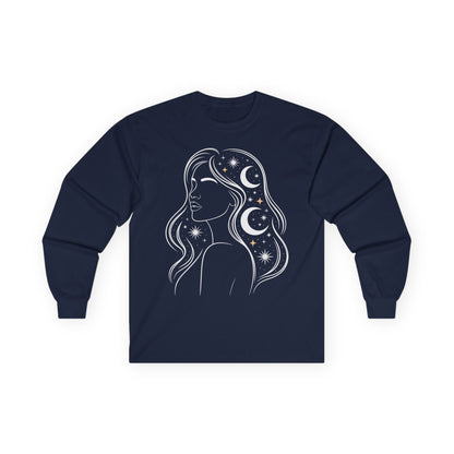 TEEZOCA celestial woman moon and stars artwork on unisex long-sleeve t-shirt Navy blue long-sleeve shirt with a celestial design of a woman's silhouette on a white background